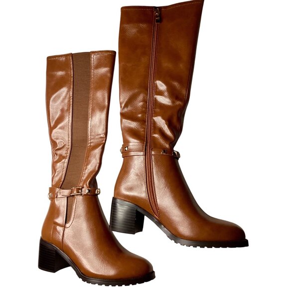 Torgies Womens 6 Cognac Brown Faux Leather Riding Boots With Gold Studded Strap - Picture 10 of 16